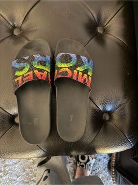 Michael Kors Black Slide Sandals with Rainbow Crystal Logo 8
